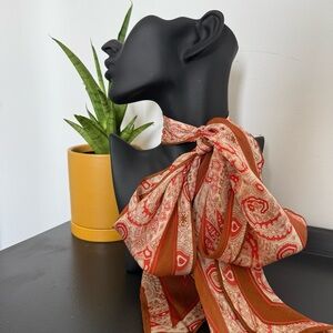 Vintage 1970s Anne Klein brown, red & cream paisley print silk skinny scarf
